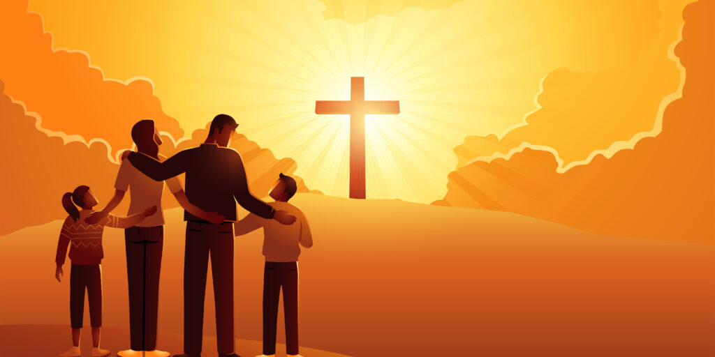 Biblical vector illustration series of Christian family stands at the bottom of the hill, looking up at a cross on the hill. Followers, hope, devoted christians concept